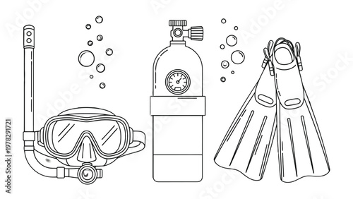Dive Equipment: A simple linear illustration showcases essential diving equipment: a mask, snorkel, air tank, and flippers, highlighting preparation for an underwater exploration.