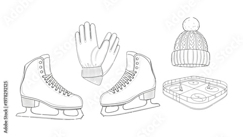 Ice Skating Essentials: A sketch illustration of essential ice skating equipment: skates, gloves, and a warm hat, ready for the rink.
