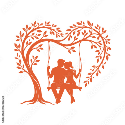 A couple sitting on a swing under a heart shaped tree