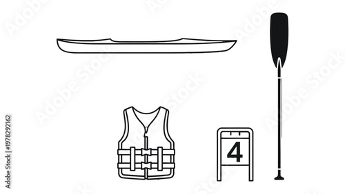 Essential Kayaking Gear: A minimalistic illustration showcases key kayaking equipment, inviting viewers to explore the world of water adventure and outdoor recreation.