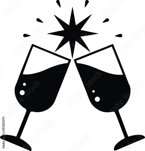 Two wine glasses clinking together with a starburst sparkle effect symbolizing celebration or success Vector, illustration