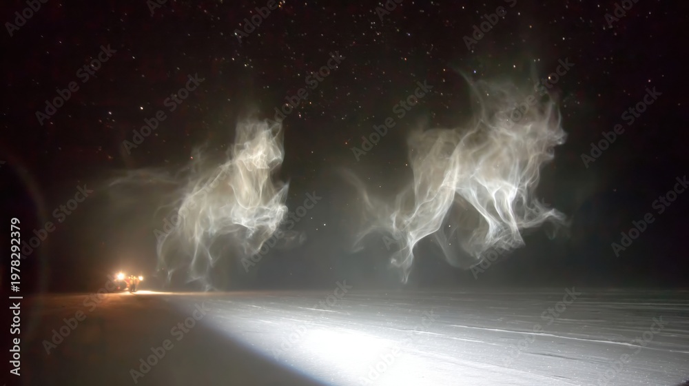 Fototapeta premium Ethereal ghostly white aurora tendrils weaving through dark starry night sky with glowing ground light