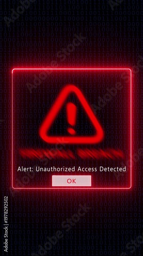 Firewall breach alert warning screen with binary code background, for cybersecurity and, data protection