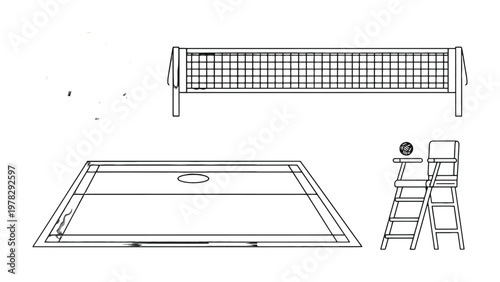 Volleyball Court Elements: An architectural blueprint-style illustration showcases the essential components of a volleyball court setup. The image includes a net, the court itself.