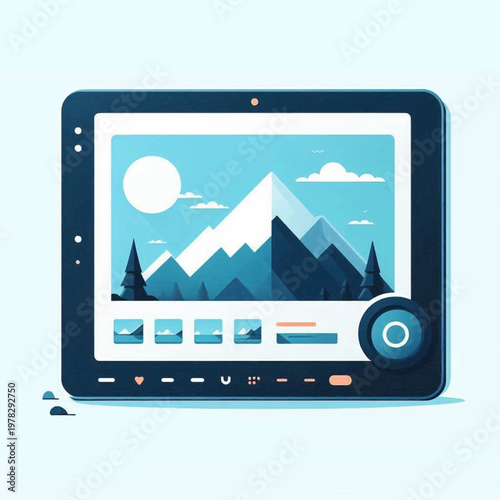 A modern dark blue tablet computer displaying a stylized mountain landscape illustration within a photo editing application interface.