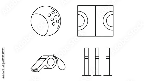 Sport Equipment Essentials: A minimalist illustration showcases the key components required for sports activities, including a ball, court, whistle, and goal posts.