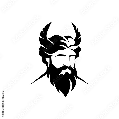 A stoic bearded mythological figure with large horns depicted in a bold black and white graphic style.
