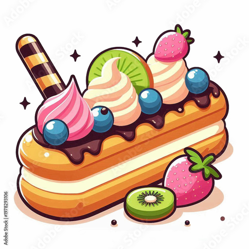 A vibrant cartoon eclair pastry decorated with colorful cream swirls fresh fruit and a chocolate wafer.