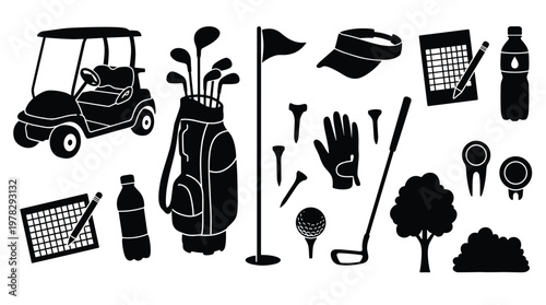 Golf equipment icons set black silhouette vector on transparent layer.