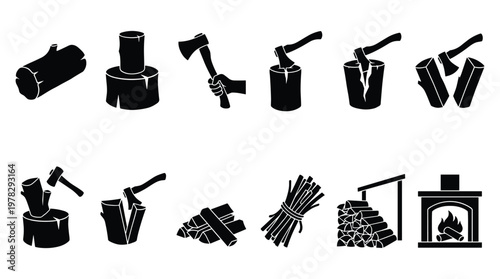 Firewood production icons with logs axes wood piles and fireplace.
