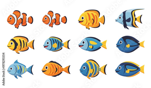Cute sea fish vector set with smiling cartoon ocean characters isolated on white