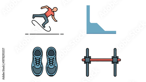 Skateboarding Elements: An illustration of a skateboarder in action, with the graphic elements, illustrating a corner, running shoes, and a cross-section of an object, capturing the sport. 