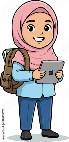 Smiling Muslim Girl Student Wearing Hijab Holds Digital Tablet for Online Education and Modern Learning