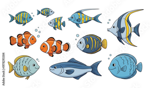 Hand-drawn cute sea fish vector set for kids and underwater illustrations