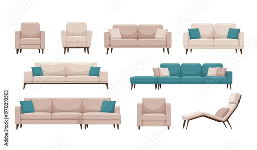 Modern sofa vector set for home and office interior furniture collection