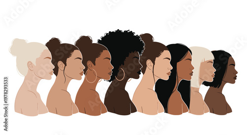 Diverse group of women with different skin tones and hairstyles in a vector illustration design