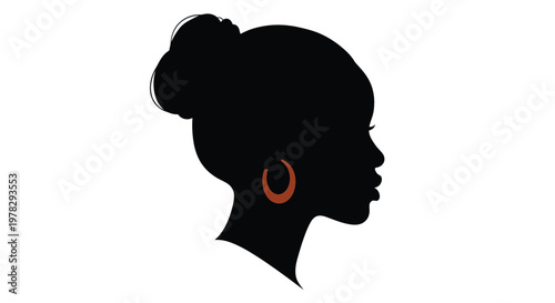 Vector illustration of a woman's side profile with a bun and hoop earring design