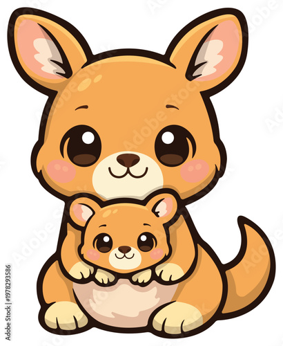 Caring Kangaroo Family: A charming depiction of a mother kangaroo, cradling her joey in her pouch, exudes a tender bond and conveys the essence of parenthood. 