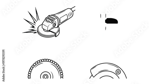 Illustration of Angle Grinder: A detailed illustration of an angle grinder, a power tool, showcasing its various parts and functionalities with precise lines and angles. 