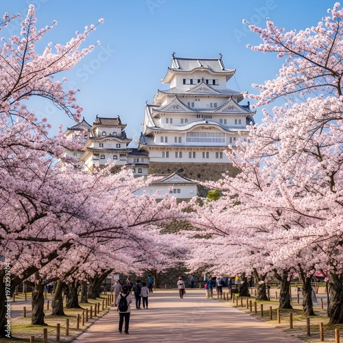 Himeji Castle in spring with blooming cherry blossoms and blue sky, Japan