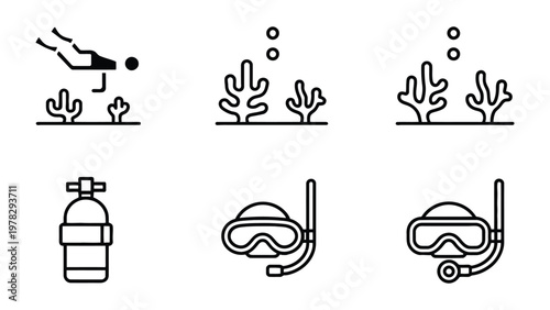 Underwater Adventure: Diving icons illustrating underwater adventure, featuring scuba gear, coral, and diver silhouette exploring the depths of the ocean.