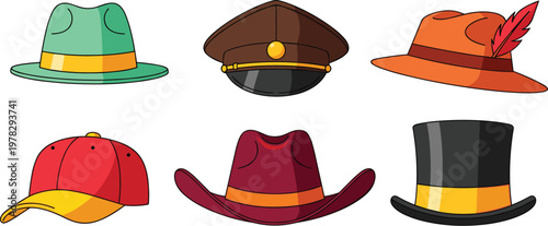 Collection of colorful vintage hats including cowboy, pirate, top hat, sombrero and casual caps in flat cartoon style design
