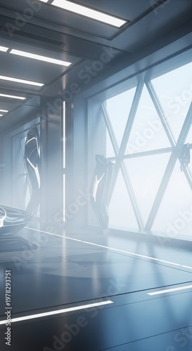 Futuristic Interior Design with Geometric Windows and Bright Lights.