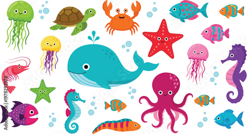 Cute underwater sea animals collection with whale, octopus, fish, crab, turtle, jellyfish and seahorse colorful cartoon vector set