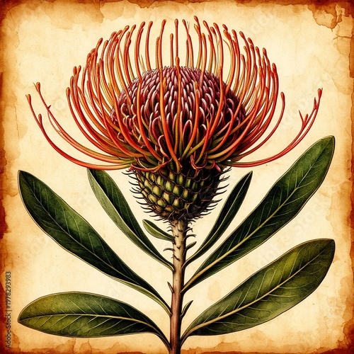 leucospermum, pincushion protea, botanical illustration, vintage style, exotic flower, south african flora, floral art, red flower, blooming, nature, detailed drawing, antique paper background, tropic