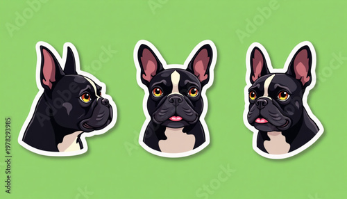 Cute Bulldog Head Icons Set High Contrast Silhouette Green Screen