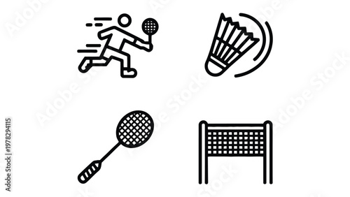 Badminton Icons: A collection of simple black-and-white icons representing various elements of badminton, perfect for conveying the spirit of sport and activity.
