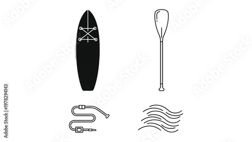 Stand Up Paddleboard Equipment Icons: A collection of minimalist line art icons representing essential stand up paddleboarding gear including a paddleboard, paddle, leash, and stylized waves.