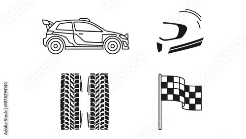 Racing Essentials: A dynamic composition showcasing the core elements of the sport – a racing car, a protective helmet, tire treads, and a checkered flag, all poised for the ultimate adrenaline rush.