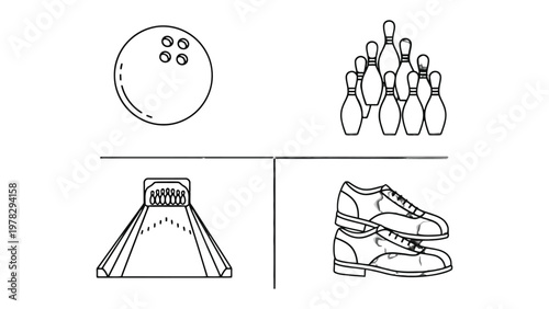 Bowling Essentials: A precise illustration showcasing the key components of bowling, perfect for enthusiasts, educational materials, or design projects. 