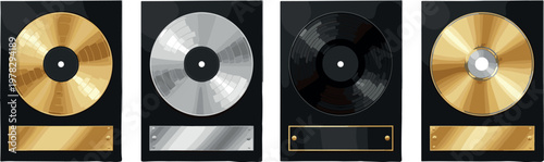 Music award plaques vector set featuring gold, silver and black vinyl record discs with nameplates isolated achievement illustration
