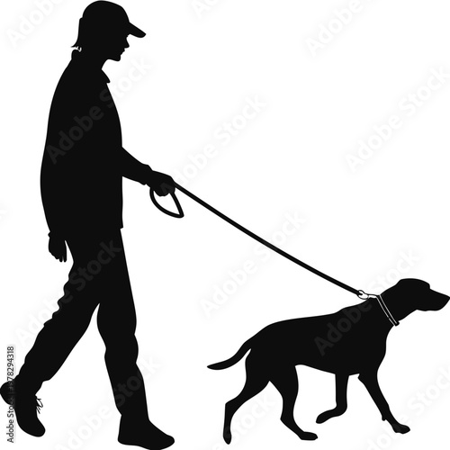 Black silhouette of man walking dog, pet owner and animal, vector icons
