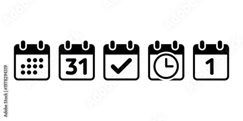 Black and white calendar showing dots number 31 checkmark clock and number in white background.