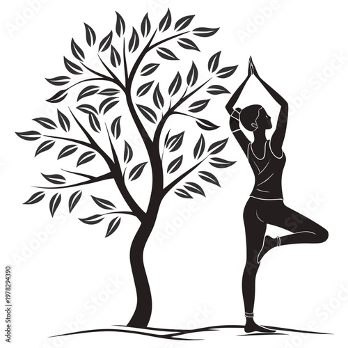 yoga, tree pose, black silhouette, woman meditating, fitness illustration, vector