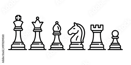 Black and white line chess pieces king queen bishop knight rook pawn on white background