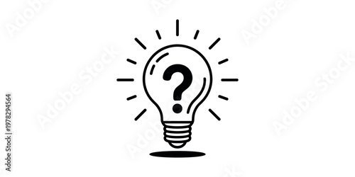 Black and white lightbulb with question mark symbol and radiating lines idea thinking in white background.