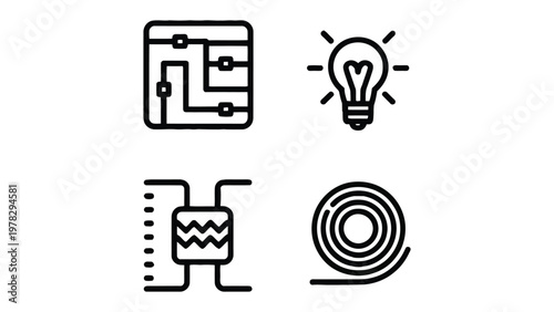 Technological Innovation Icons: A set of clean and modern icons depicting essential elements of innovation, from electrical circuits to energy-efficient bulbs.