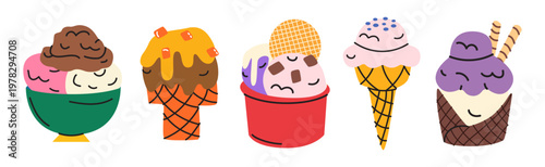Various ice cream set in cartoon groovy style. Waffle cones, cups and popsicles with different toppings. Hand drawn colorful summer dessert collection. Vector illustration