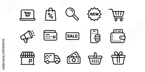 Black and white line for online shopping and e commerce shopping cart laptop shopping bag percentage in white background.