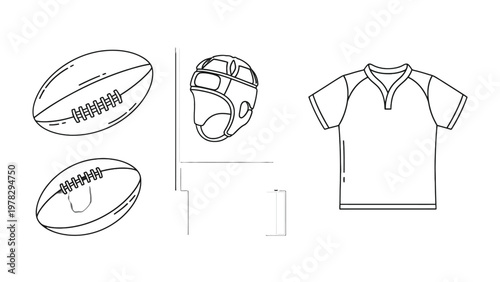 Rugby Gear Line Art: A set of classic rugby equipment depicted in clean lines. Features include an oval ball, headgear, and jersey, all essential for the sport. 