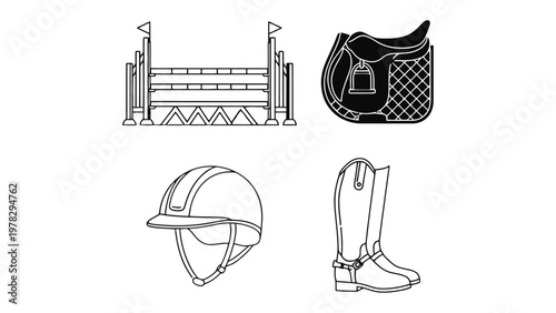 Equestrian Gear Elements: A minimalist, high-contrast illustration presents the essential equipment used in the equestrian sport, depicting each element with crisp lines and elegant simplicity.