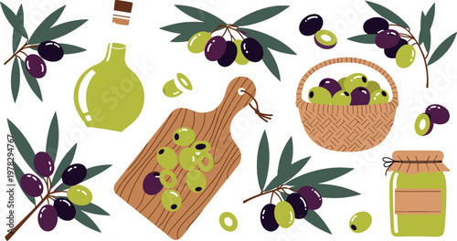Olive oil vector set featuring olives, branches, bottle, jar and cutting board isolated Mediterranean food illustration collection