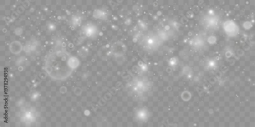 Floating white particles shimmer with soft glow. Elegant flow creates visual harmony. Perfect design element for backgrounds and banners. Vector