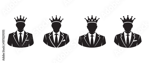 Businessmen in Suits Wearing Crowns, Representing Leadership and Royalty.
