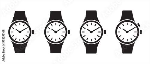 Collection of black silhouette wristwatches with white faces, isolated on a white background.