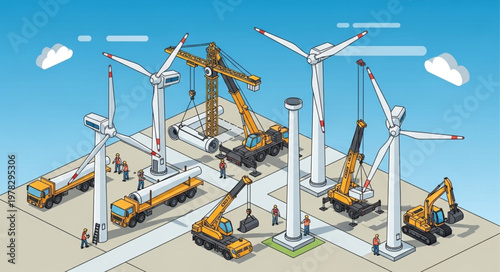 Wind Turbine Construction Site With Cranes And Equipment.
